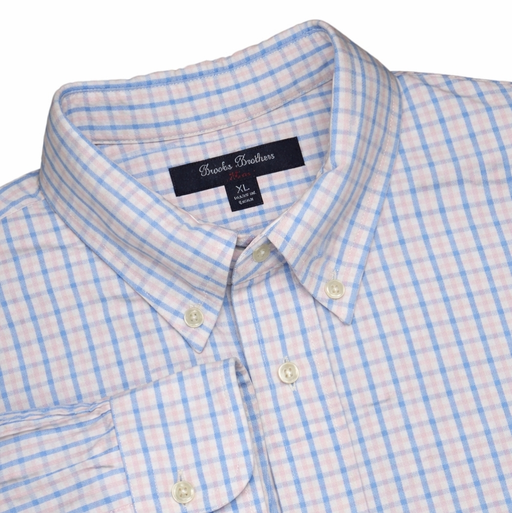 Brooks Brothers Fleece Button Down Shirt Men Size XL Blue Pink Stripe LS Ruffled